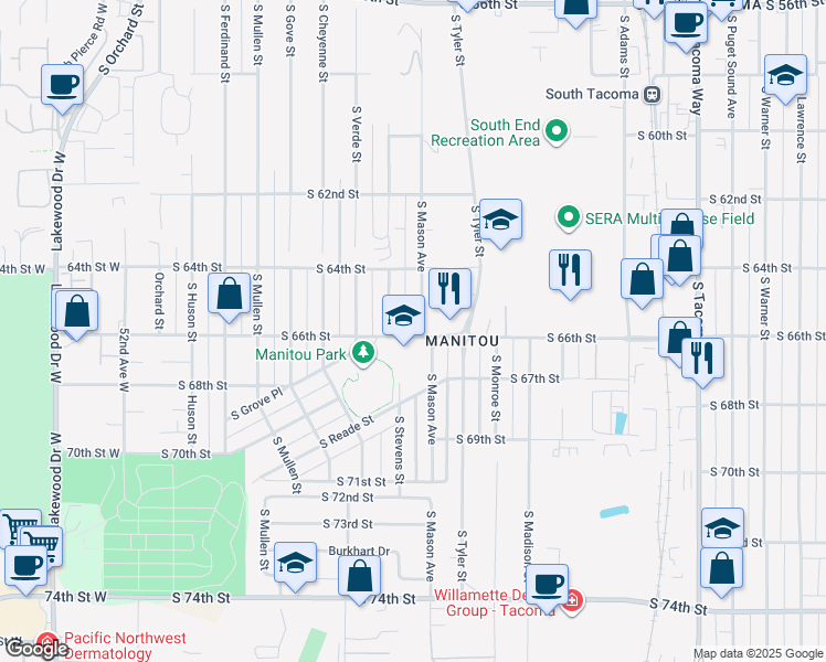 map of restaurants, bars, coffee shops, grocery stores, and more near in Tacoma