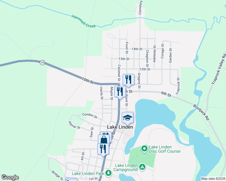 map of restaurants, bars, coffee shops, grocery stores, and more near 869-899 Maple Street in Lake Linden