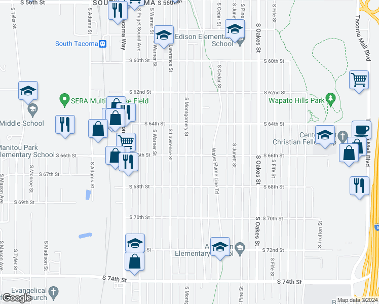 map of restaurants, bars, coffee shops, grocery stores, and more near 6445 South Montgomery Street in Tacoma