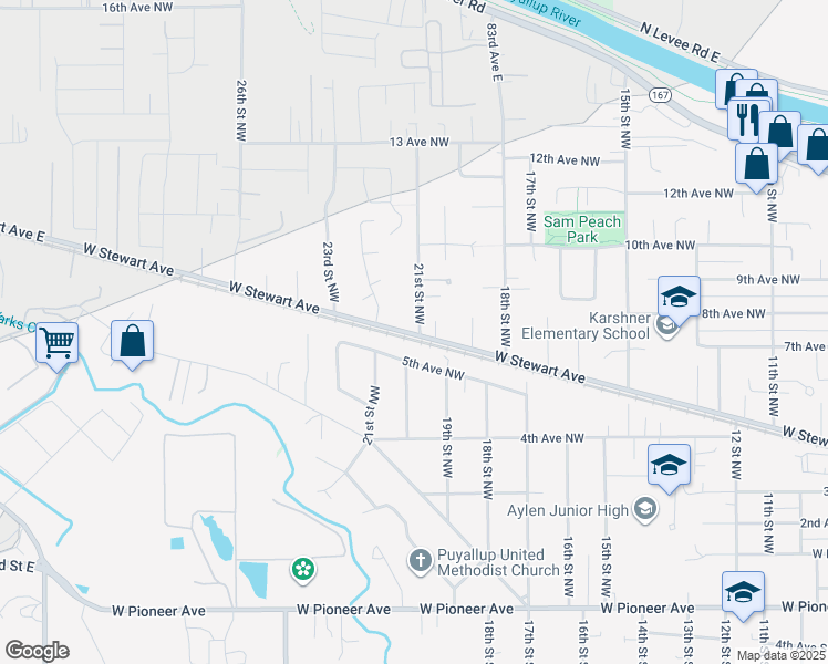 map of restaurants, bars, coffee shops, grocery stores, and more near in Puyallup