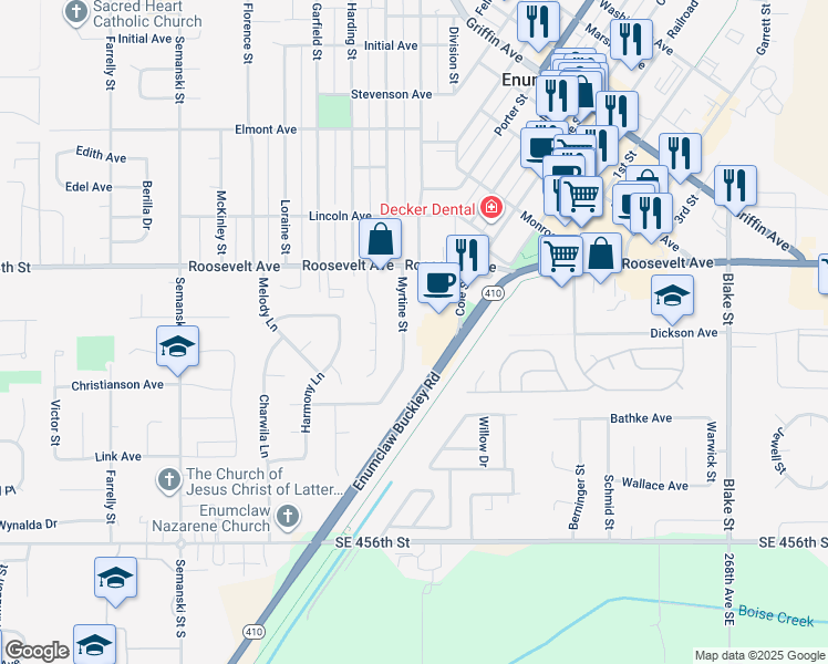 map of restaurants, bars, coffee shops, grocery stores, and more near 801 Myrtine Street in Enumclaw