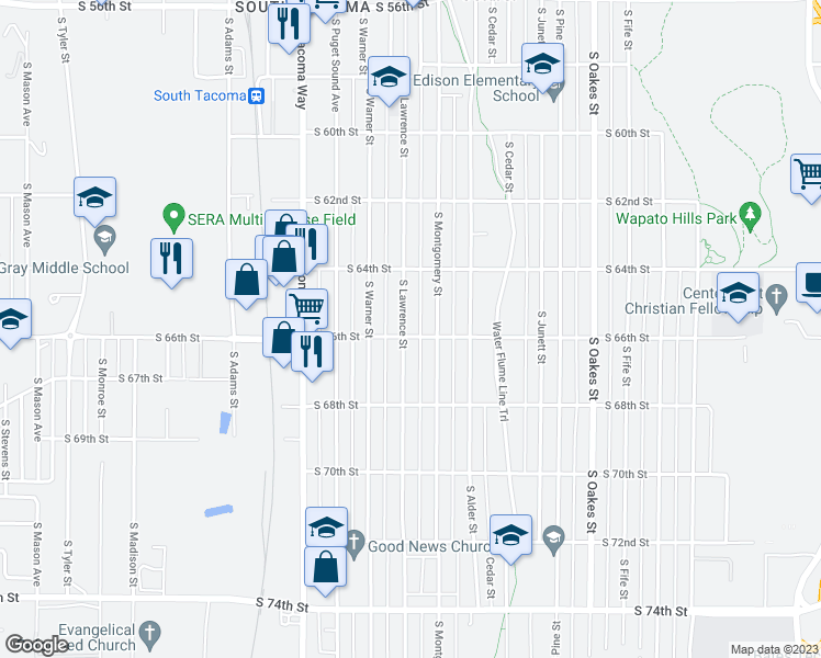 map of restaurants, bars, coffee shops, grocery stores, and more near 6447 South Lawrence Street in Tacoma