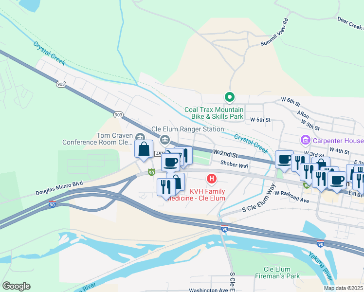 map of restaurants, bars, coffee shops, grocery stores, and more near 803 West 2nd Street in Cle Elum