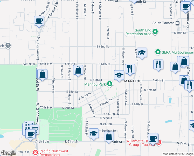 map of restaurants, bars, coffee shops, grocery stores, and more near 4609 South 66th Street in Tacoma