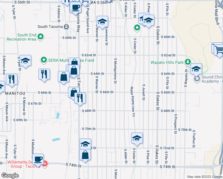 map of restaurants, bars, coffee shops, grocery stores, and more near 6447 South Lawrence Street in Tacoma