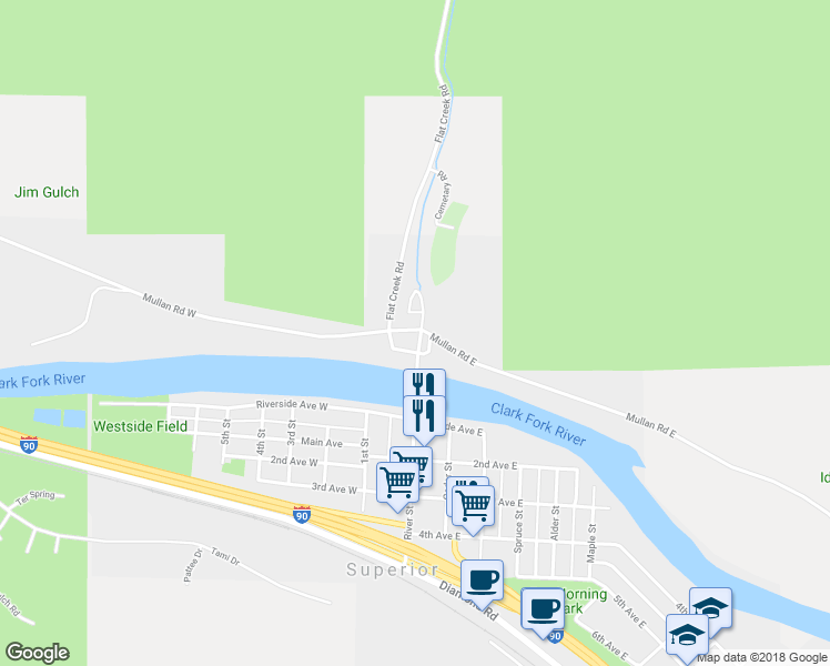 map of restaurants, bars, coffee shops, grocery stores, and more near 105 River Street in Superior