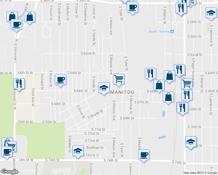 map of restaurants, bars, coffee shops, grocery stores, and more near in Tacoma