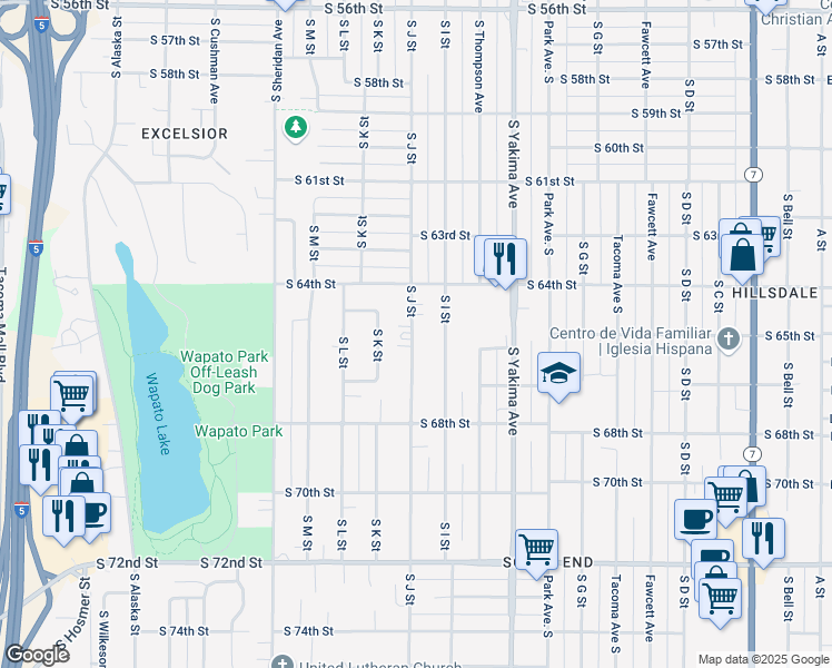 map of restaurants, bars, coffee shops, grocery stores, and more near 6509 South J Street in Tacoma