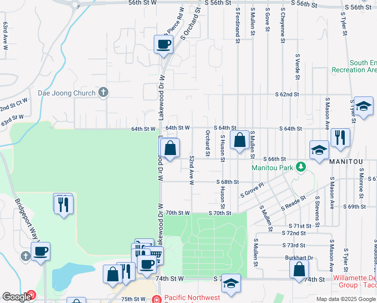 map of restaurants, bars, coffee shops, grocery stores, and more near 5201 66th Street West in University Place