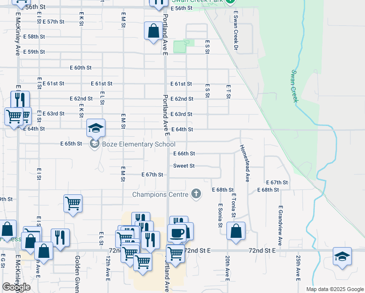 map of restaurants, bars, coffee shops, grocery stores, and more near 1702 East 66th Street in Tacoma