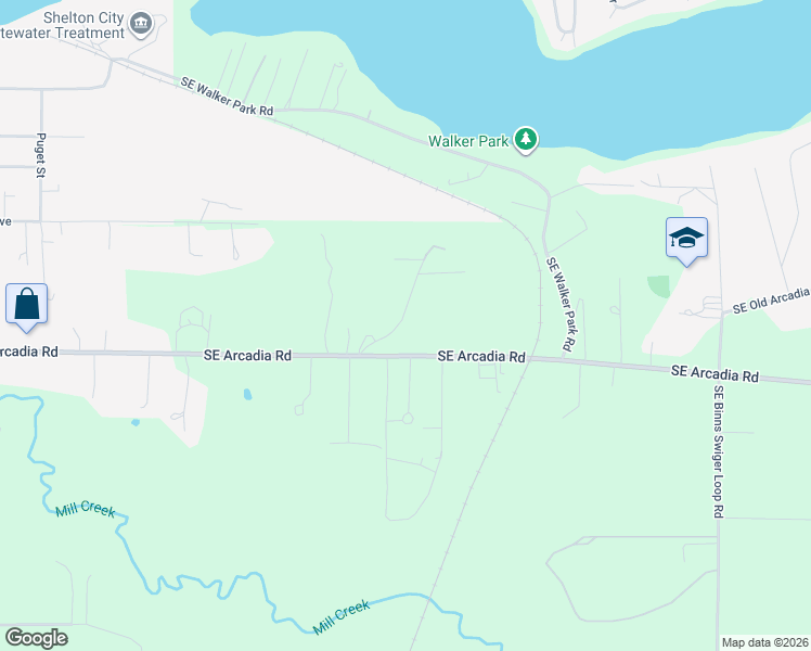 map of restaurants, bars, coffee shops, grocery stores, and more near 1261 Southeast Arcadia Road in Shelton
