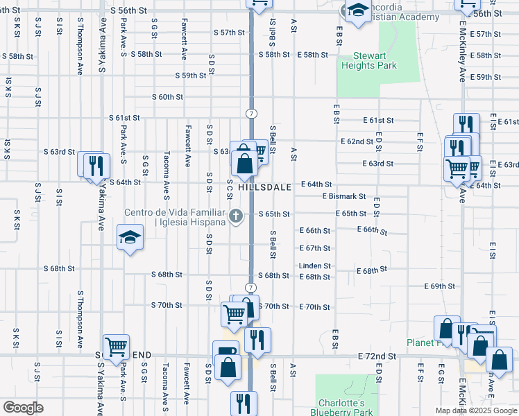 map of restaurants, bars, coffee shops, grocery stores, and more near 6508 South Bell Street in Tacoma