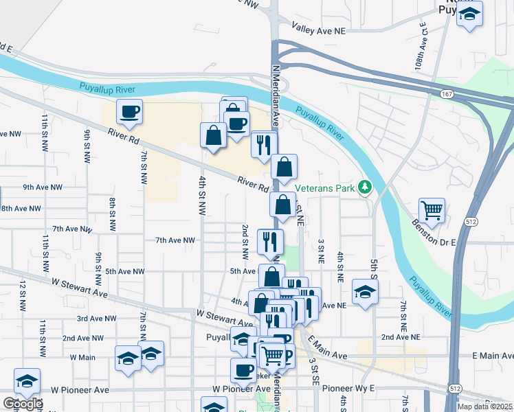 map of restaurants, bars, coffee shops, grocery stores, and more near 709 2nd Street Northwest in Puyallup