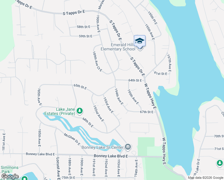 map of restaurants, bars, coffee shops, grocery stores, and more near 19309 65th Street East in Bonney Lake