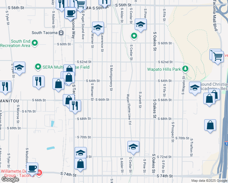 map of restaurants, bars, coffee shops, grocery stores, and more near 6445 South Montgomery Street in Tacoma