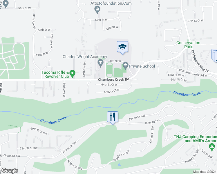 map of restaurants, bars, coffee shops, grocery stores, and more near 8102 64th Street Court West in Tacoma