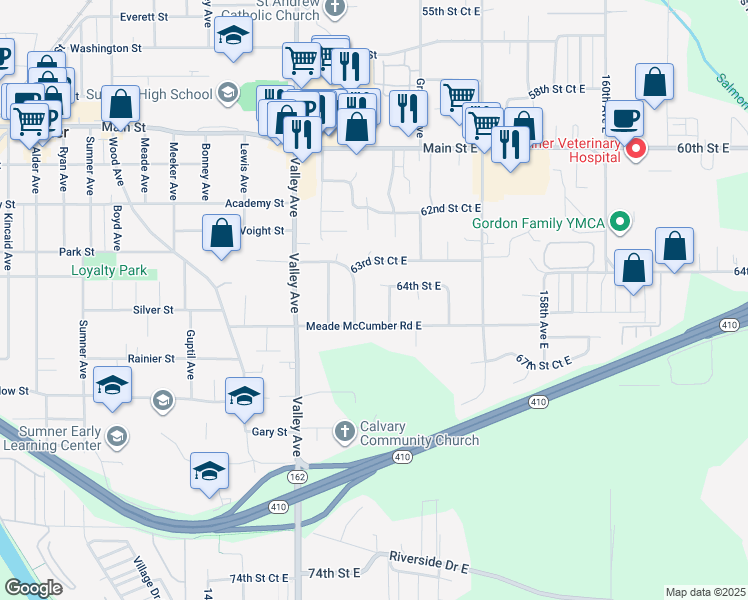 map of restaurants, bars, coffee shops, grocery stores, and more near 15214 64th Street East in Sumner
