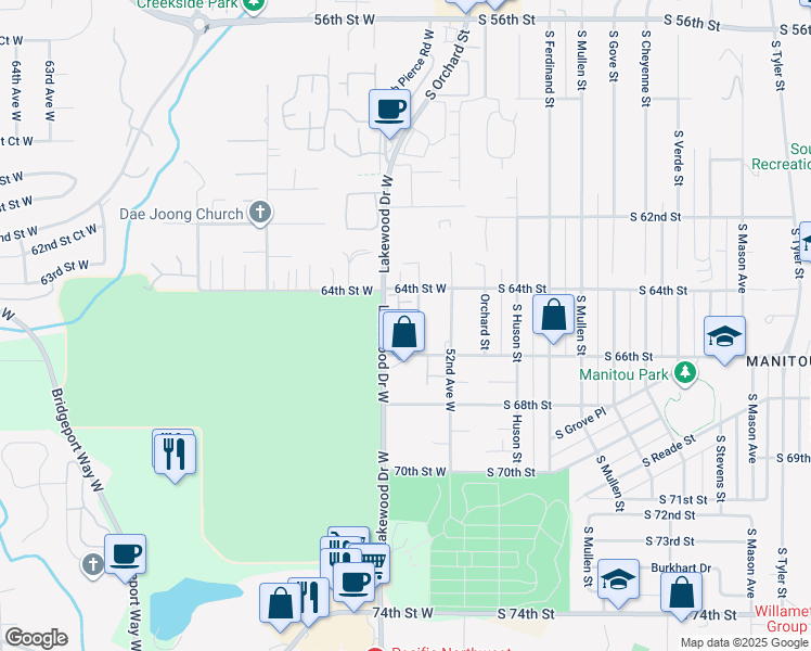 map of restaurants, bars, coffee shops, grocery stores, and more near 6403 Lakewood Drive West in University Place