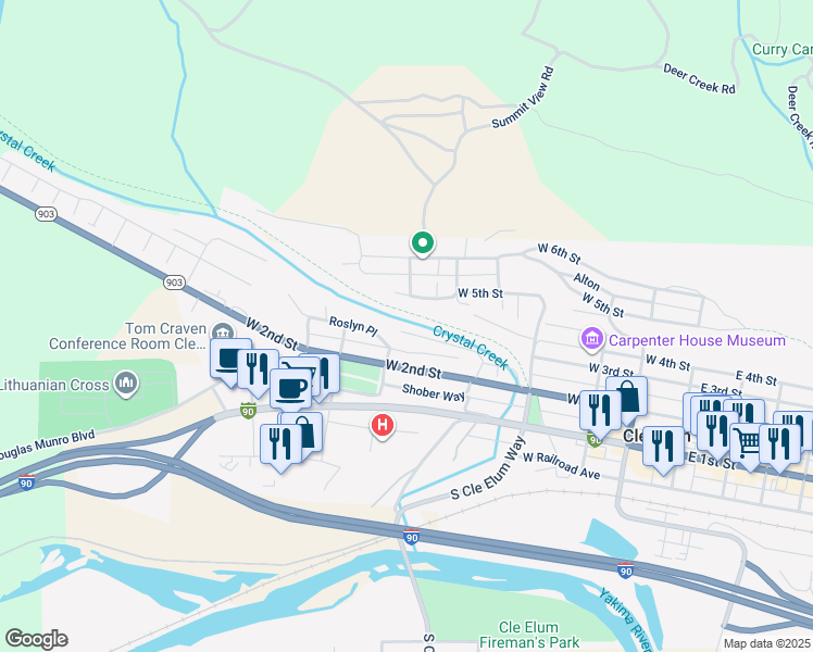 map of restaurants, bars, coffee shops, grocery stores, and more near 605 Ronald Avenue in Cle Elum