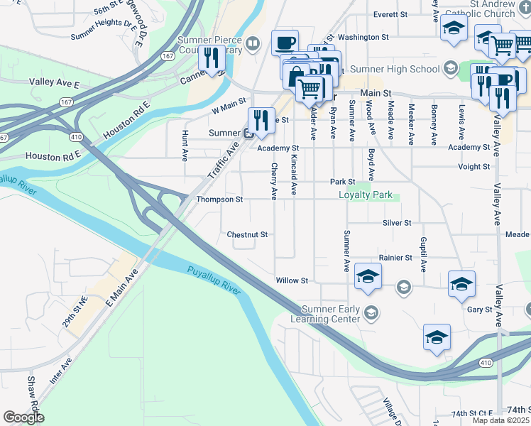 map of restaurants, bars, coffee shops, grocery stores, and more near 811 Thompson Street in Sumner