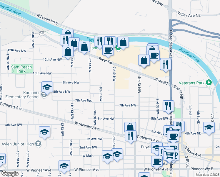 map of restaurants, bars, coffee shops, grocery stores, and more near 729 8th Avenue Place Northwest in Puyallup
