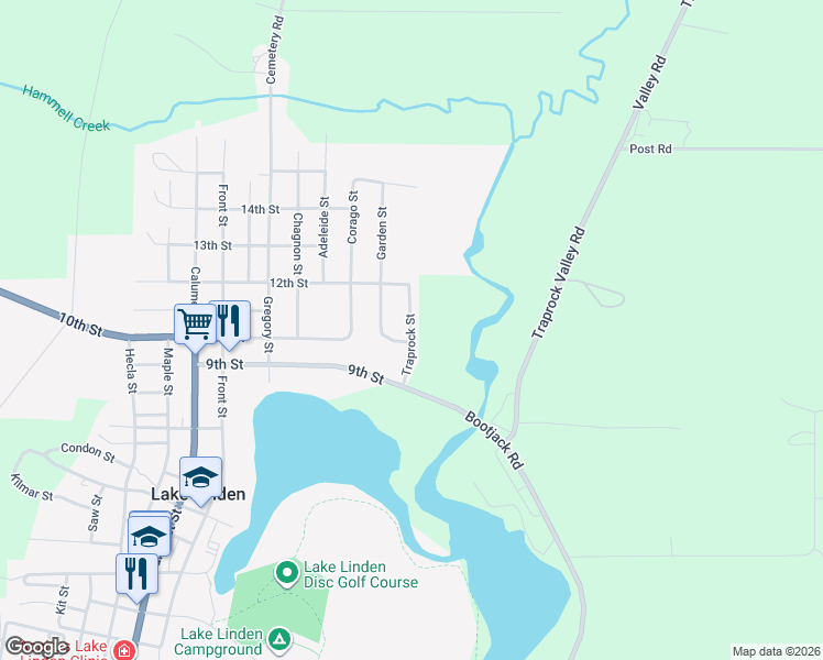 map of restaurants, bars, coffee shops, grocery stores, and more near Traprock Street in Lake Linden