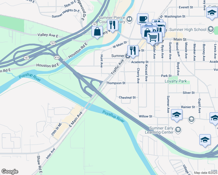 map of restaurants, bars, coffee shops, grocery stores, and more near 218 Mountain Circle Drive in Sumner