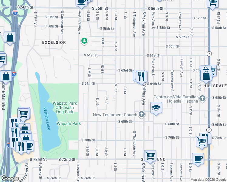 map of restaurants, bars, coffee shops, grocery stores, and more near 1012 South 64th Street in Tacoma
