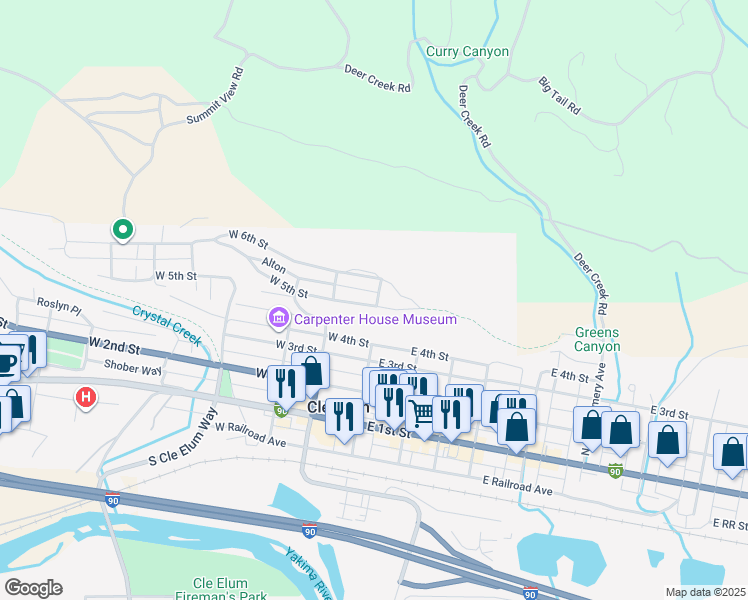 map of restaurants, bars, coffee shops, grocery stores, and more near 102 West 5th Street in Cle Elum