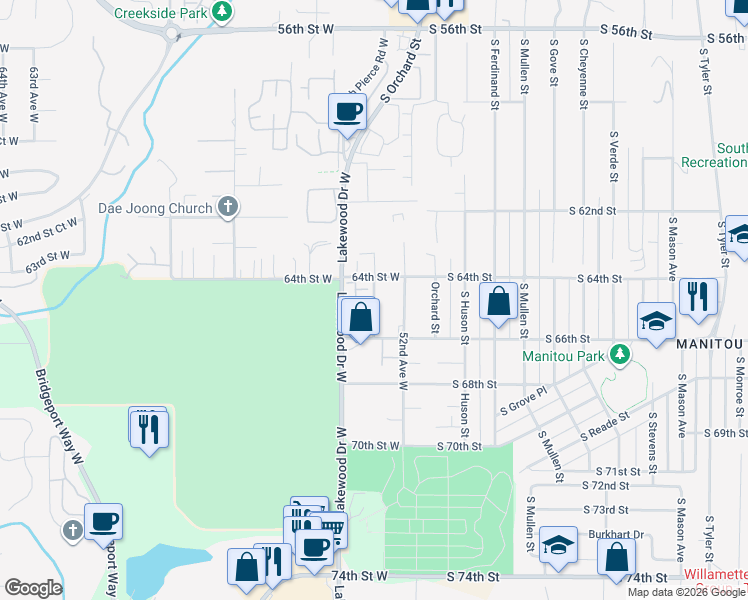 map of restaurants, bars, coffee shops, grocery stores, and more near 6403 Lakewood Drive West in University Place