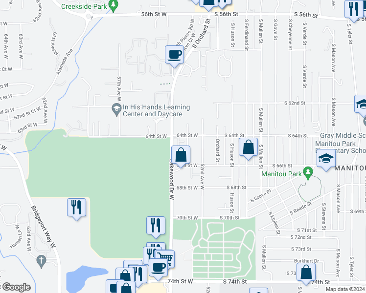 map of restaurants, bars, coffee shops, grocery stores, and more near 6403 Lakewood Drive West in University Place