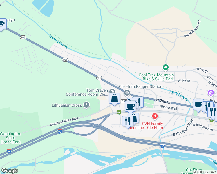 map of restaurants, bars, coffee shops, grocery stores, and more near 807 West 2nd Street in Cle Elum
