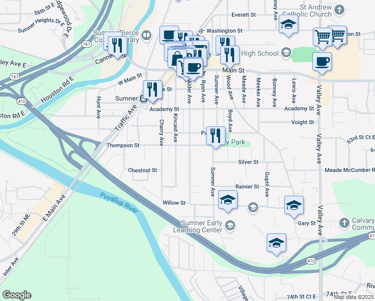 map of restaurants, bars, coffee shops, grocery stores, and more near 1015 Thompson Street in Sumner