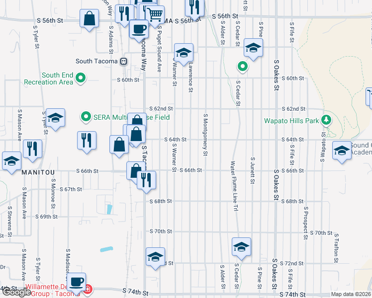 map of restaurants, bars, coffee shops, grocery stores, and more near 6403 South Lawrence Street in Tacoma