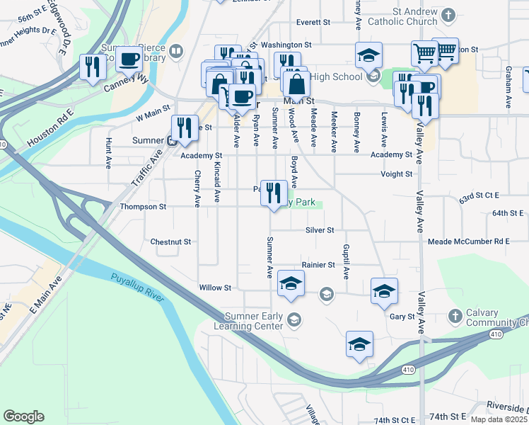 map of restaurants, bars, coffee shops, grocery stores, and more near 1115 Thompson Street in Sumner