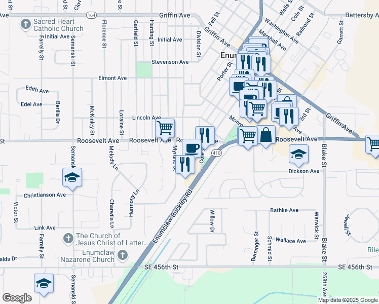 map of restaurants, bars, coffee shops, grocery stores, and more near 2010 Roosevelt Avenue in Enumclaw