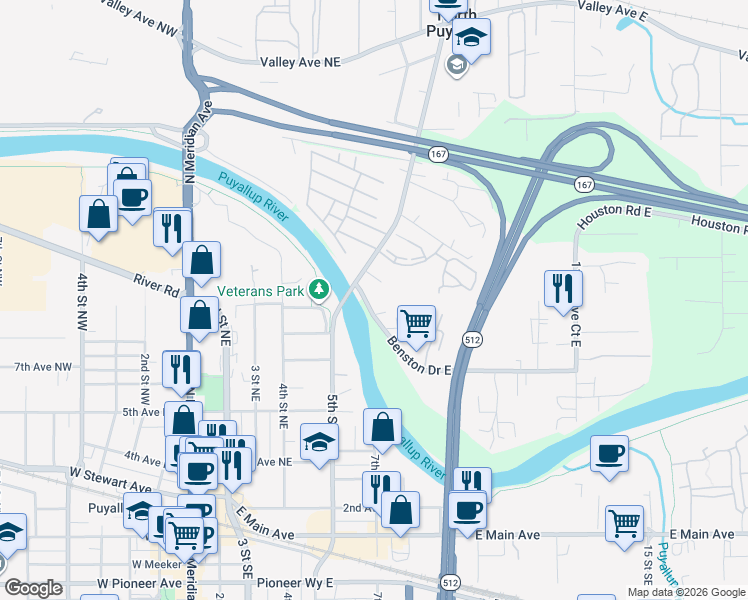 map of restaurants, bars, coffee shops, grocery stores, and more near 10805 Benston Drive East in Puyallup