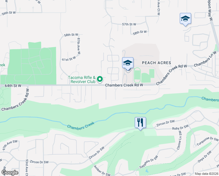 map of restaurants, bars, coffee shops, grocery stores, and more near 6406 83rd Avenue Court West in University Place