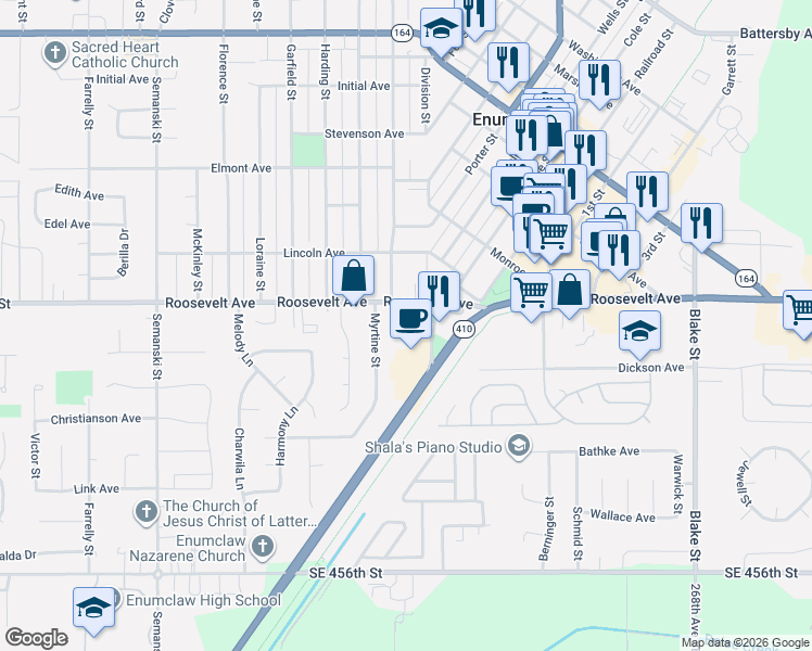 map of restaurants, bars, coffee shops, grocery stores, and more near 2010 Roosevelt Avenue in Enumclaw