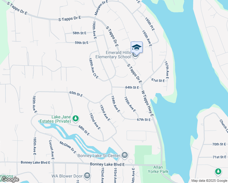 map of restaurants, bars, coffee shops, grocery stores, and more near 6406 194th Avenue East in Bonney Lake
