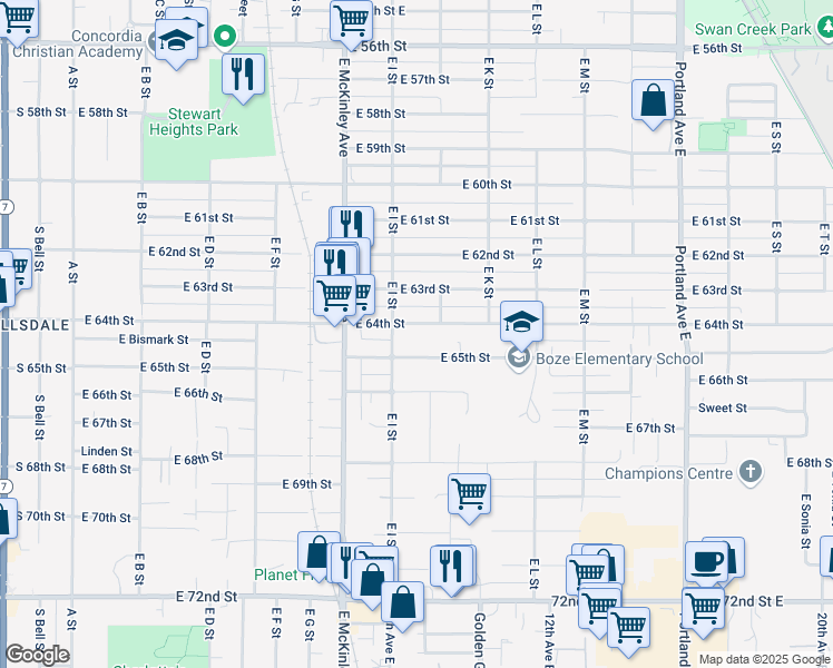 map of restaurants, bars, coffee shops, grocery stores, and more near 921 East 64th Street in Tacoma