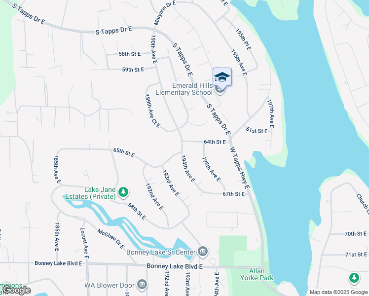 map of restaurants, bars, coffee shops, grocery stores, and more near 6406 194th Avenue East in Bonney Lake