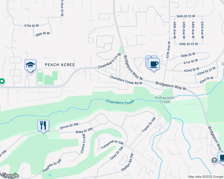 map of restaurants, bars, coffee shops, grocery stores, and more near 7302 64th Street Court West in University Place