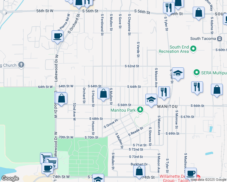 map of restaurants, bars, coffee shops, grocery stores, and more near 6407 South Mullen Street in Tacoma