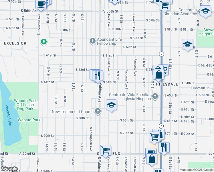 map of restaurants, bars, coffee shops, grocery stores, and more near 6406 South Park Avenue in Tacoma