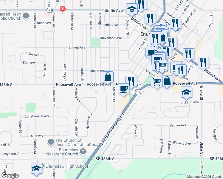 map of restaurants, bars, coffee shops, grocery stores, and more near 970 Natalie Place in Enumclaw