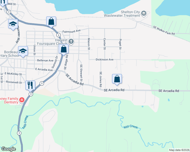 map of restaurants, bars, coffee shops, grocery stores, and more near 1785 Southeast Jones Road in Shelton