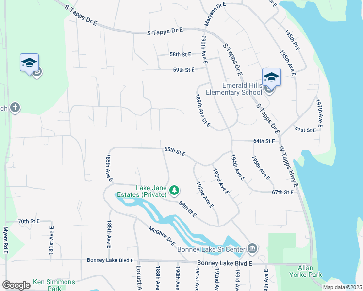 map of restaurants, bars, coffee shops, grocery stores, and more near 18812 65th Street East in Bonney Lake