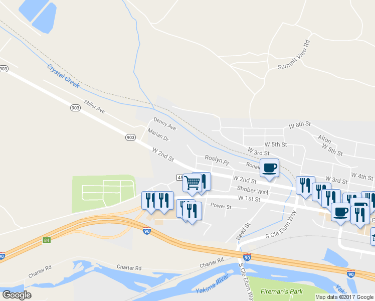 map of restaurants, bars, coffee shops, grocery stores, and more near 801 Roslyn Place in Cle Elum