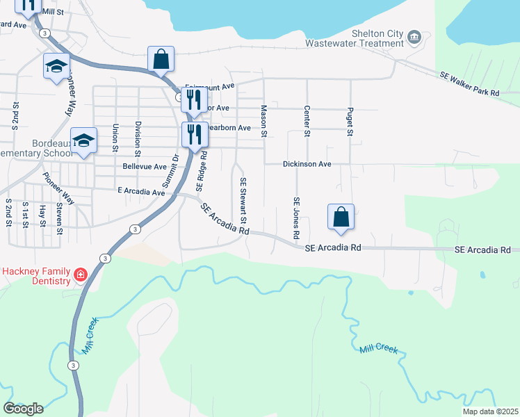 map of restaurants, bars, coffee shops, grocery stores, and more near 1829 Mason Street in Shelton